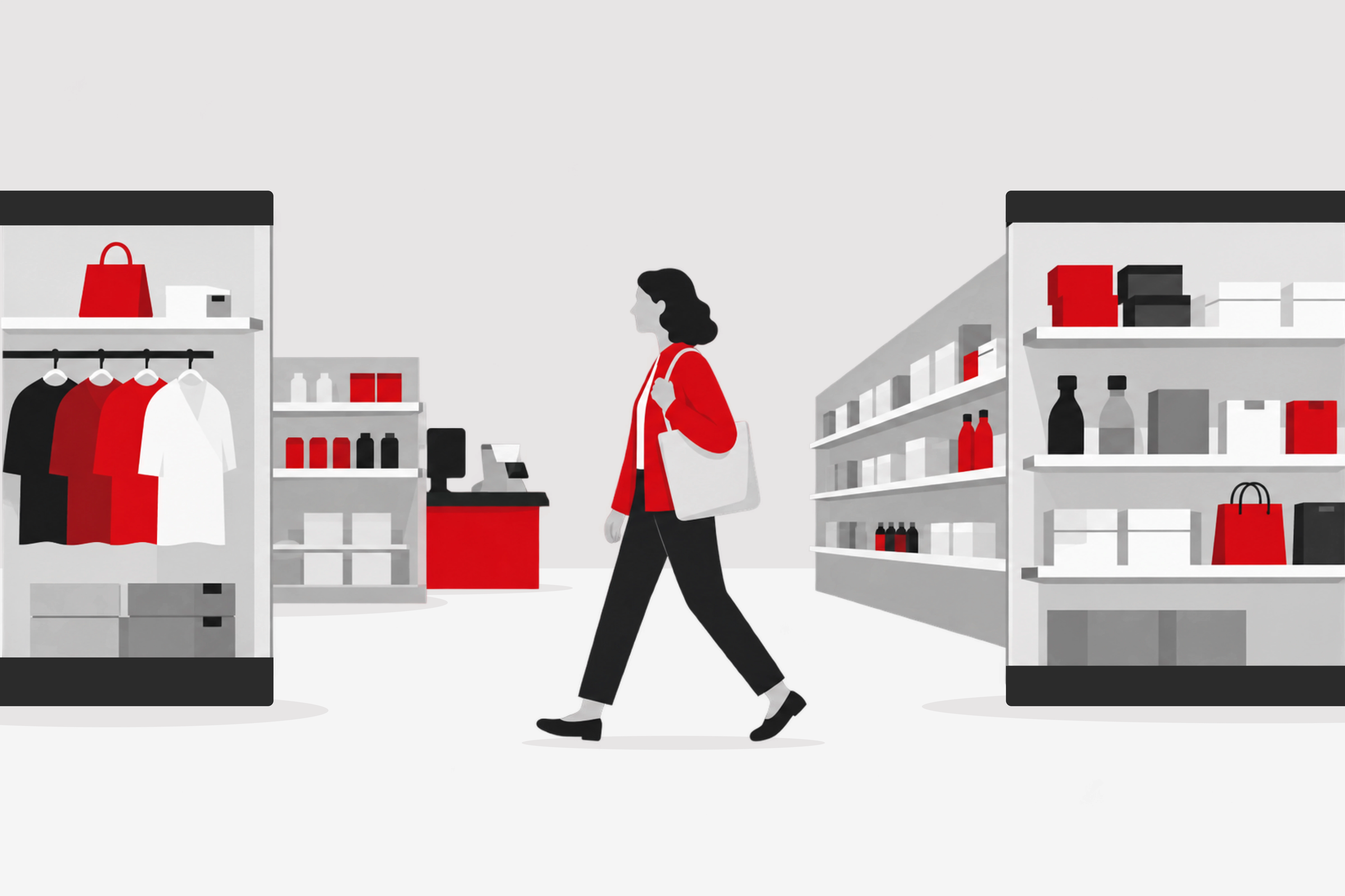Shopper walking through a store past clothing rails and stocked shelves