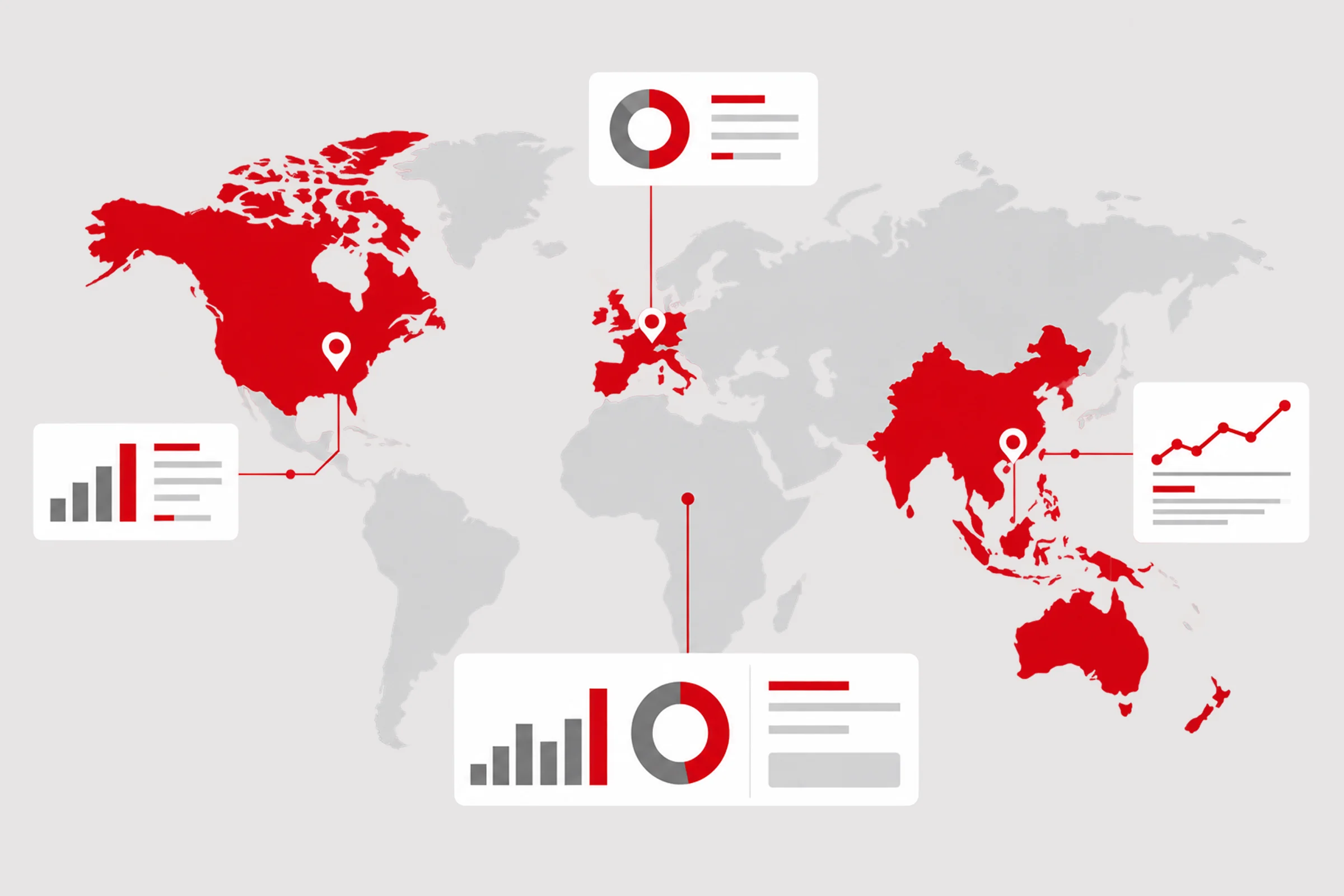 World map with highlighted regions and report cards pinned to them